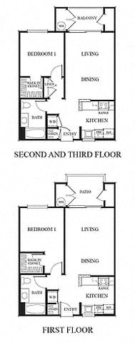 Floor plan for 1 bed, 1 bath, 684 sqft
