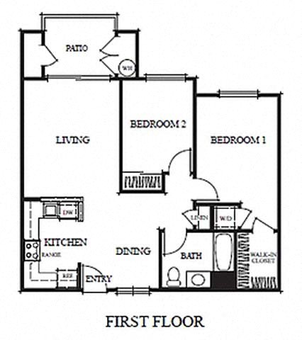 Floor plan for 2 beds, 1 bath, 906 sqft