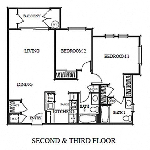 Floor plan for 2 beds, 2 baths, 906 sqft