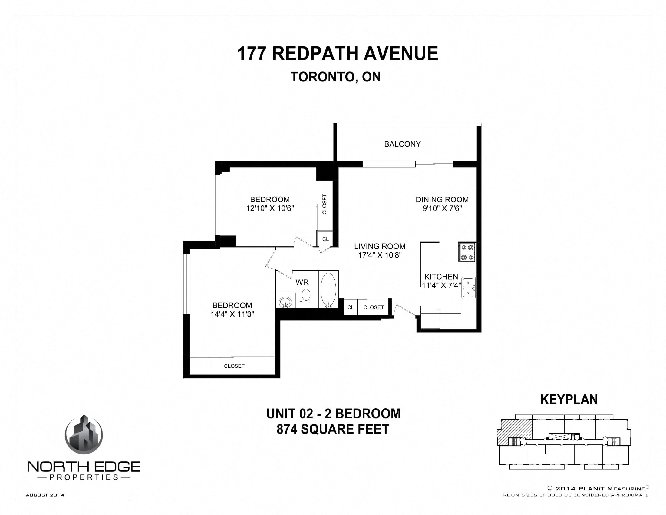 Floor plan for 2 beds, 1 bath, 874 sqft