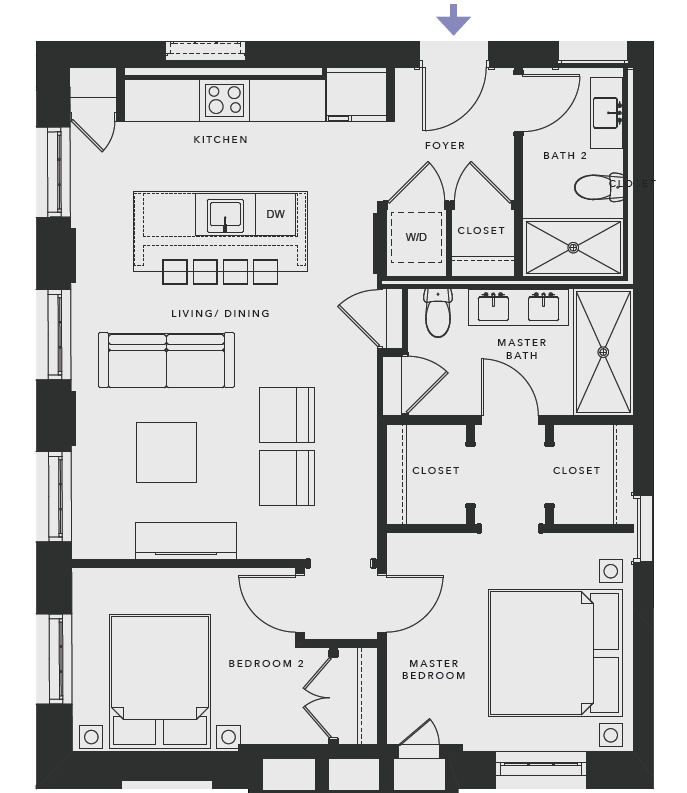 Floor plan for 2 beds, 2 baths, 1050 sqft