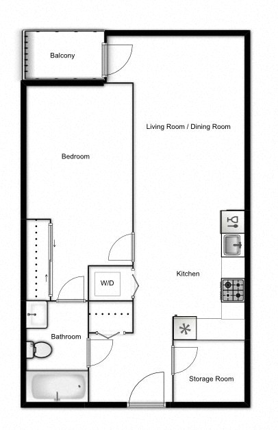 Floor plan for 1 bed, 1 bath, 625 sqft