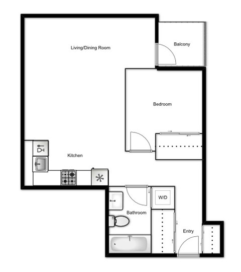 Floor plan for 1 bed, 1 bath, 588 sqft