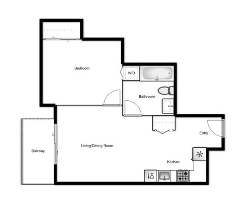 Floor plan for 1 bed, 1 bath, 500 sqft