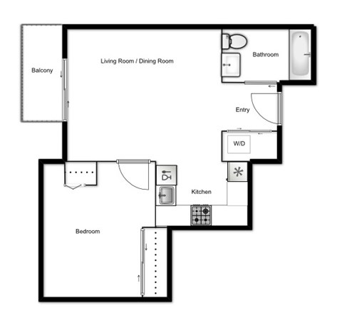 Floor plan for 1 bed, 1 bath, 523 sqft