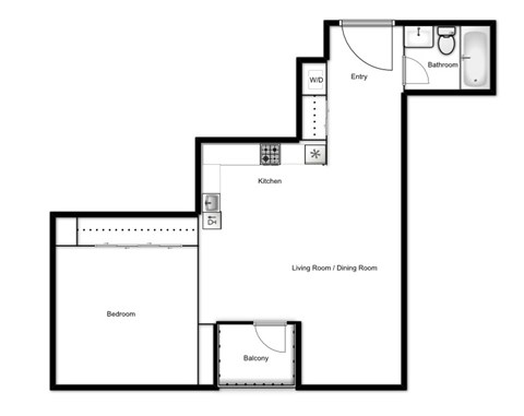 Floor plan for 1 bed, 1 bath, 622 sqft