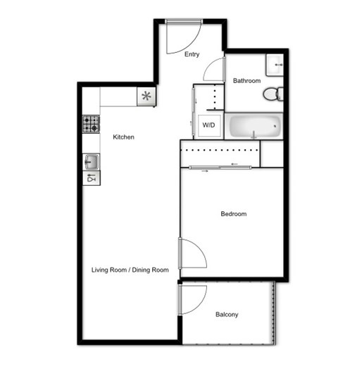 Floor plan for 1 bed, 1 bath, 512 sqft