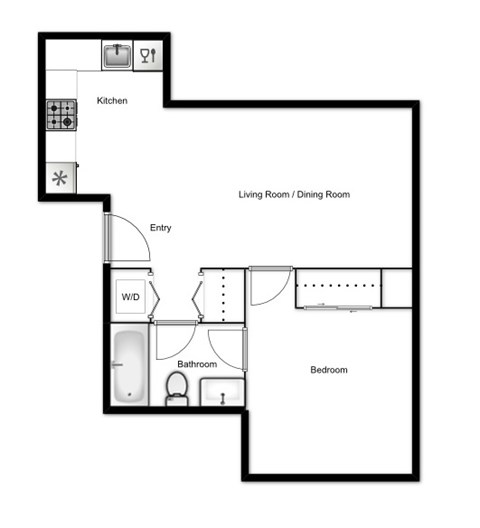 Floor plan for 1 bed, 1 bath, 566 sqft