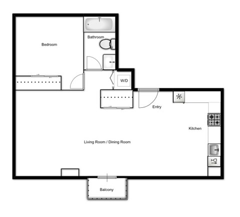 Floor plan for 1 bed, 1 bath, 680 sqft