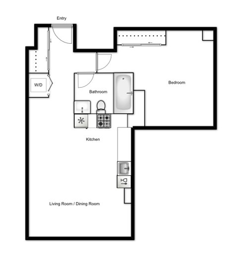 Floor plan for 1 bed, 1 bath, 652 sqft