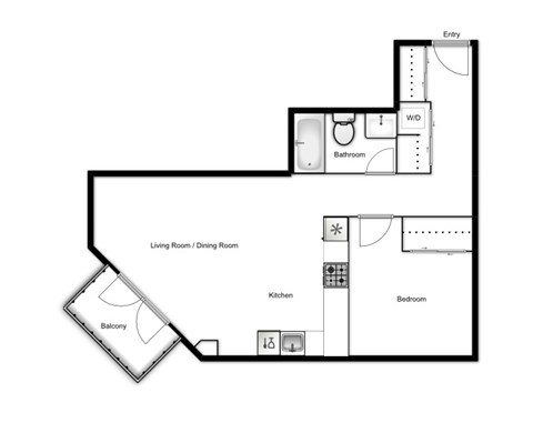Floor plan for 1 bed, 1 bath, 623 sqft