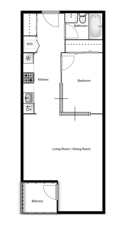 Floor plan for 1 bed, 1 bath, 625 sqft