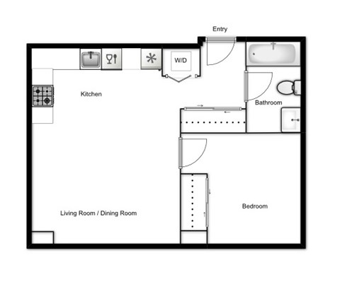 Floor plan for 1 bed, 1 bath, 523 sqft
