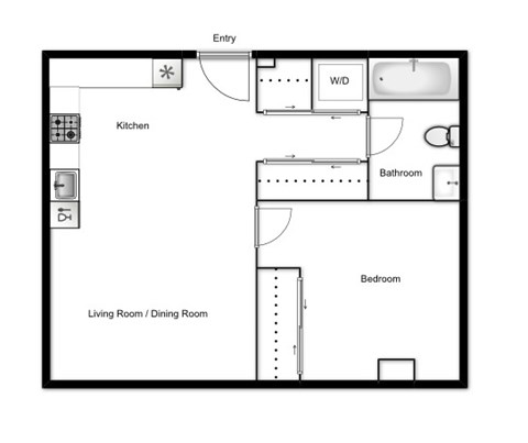 Floor plan for 1 bed, 1 bath, 523 sqft