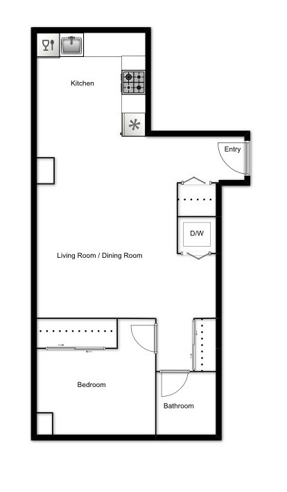 Floor plan for 1 bed, 1 bath, 552 sqft