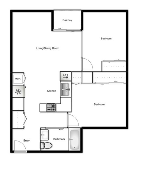 Floor plan for 2 beds, 1 bath, 716 sqft