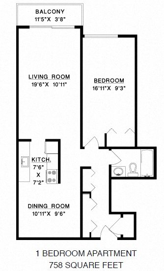 Floor plan for 2 beds, 1 bath, 930 sqft
