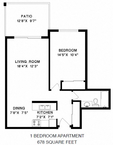 Floor plan for 1 bed, 1 bath, 657 sqft
