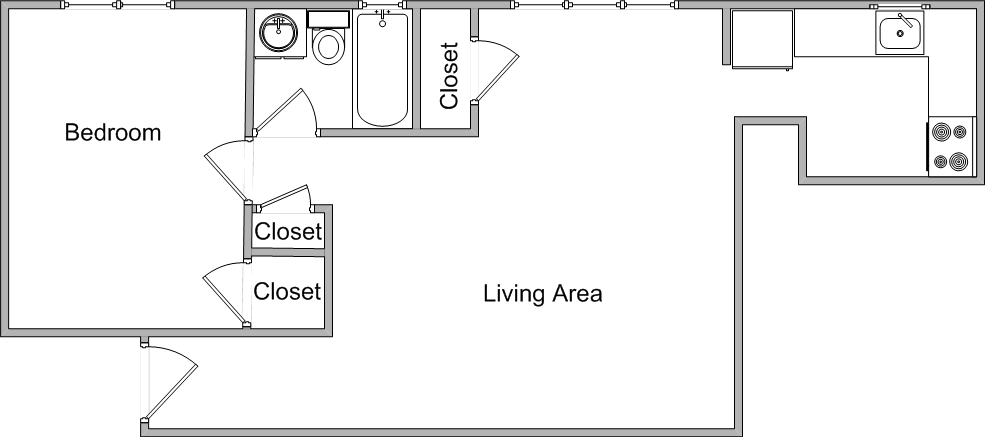 Floor plan for 1 bed, 1 bath, 608 sqft