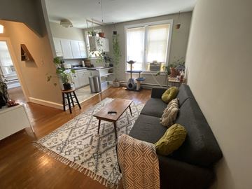 Philadelphia apartment for rent - a living room with a couch and a kitchen in the background