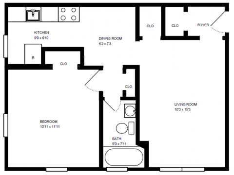 Floor plan for 1 bed, 1 bath, 1 sqft
