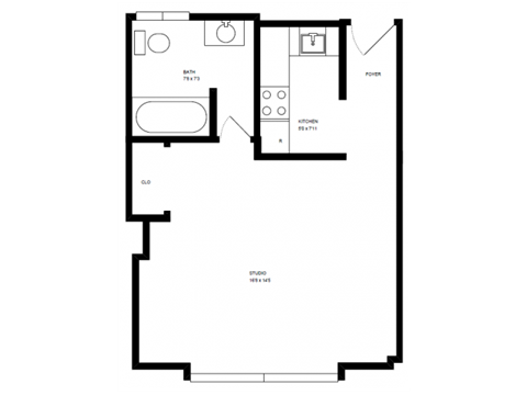 Floor plan for studio, 1 bath, 1 sqft