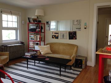 Philadelphia apartment for rent - a living room with a couch and a black and white rug