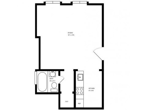 Floor plan for studio, 1 bath, 350 sqft