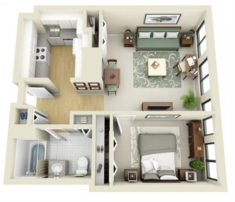 Floor plan for 1 bed, 1 bath, 625 sqft