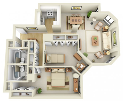 Floor plan for 2 beds, 2 baths, 1040 sqft