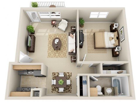 Floor plan for 1 bed, 1 bath, 670 sqft