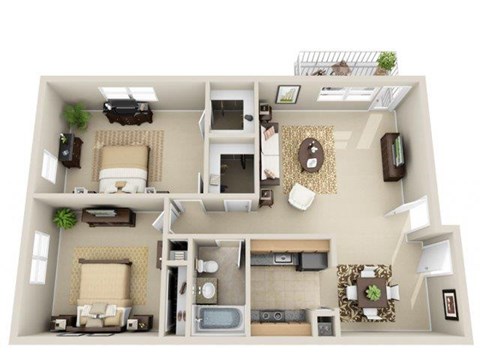 Floor plan for 2 beds, 1 bath, 970 sqft