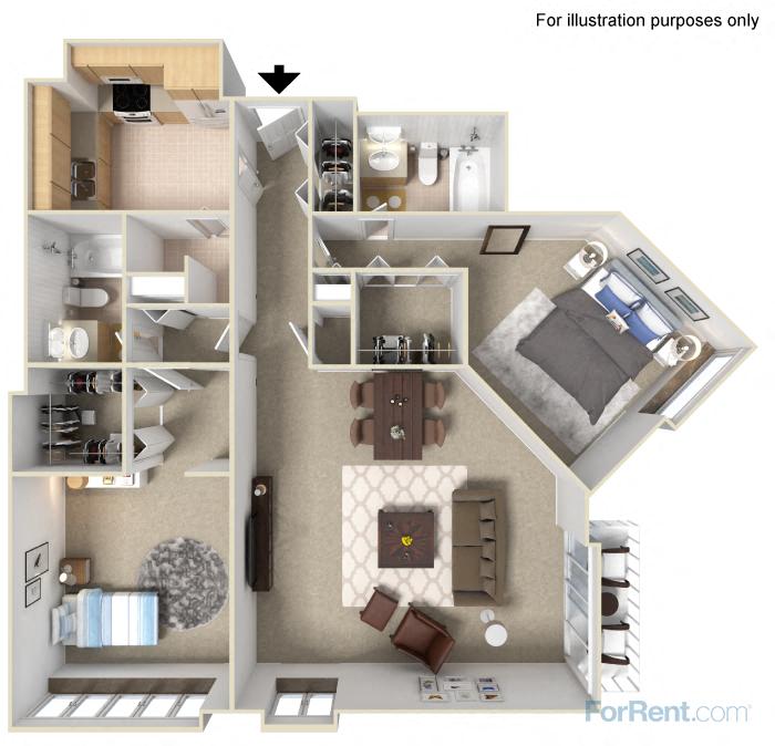 Floor plan for 2 beds, 2 baths, 1050 sqft