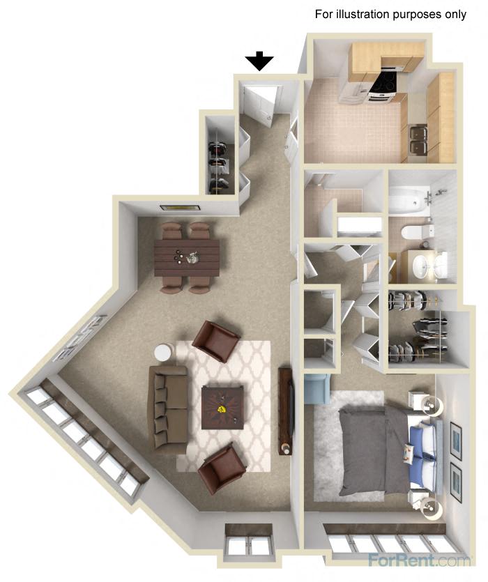 Floor plan for 1 bed, 1 bath, 795 sqft