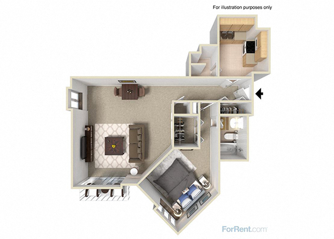 Floor plan for 1 bed, 1 bath, 763 sqft