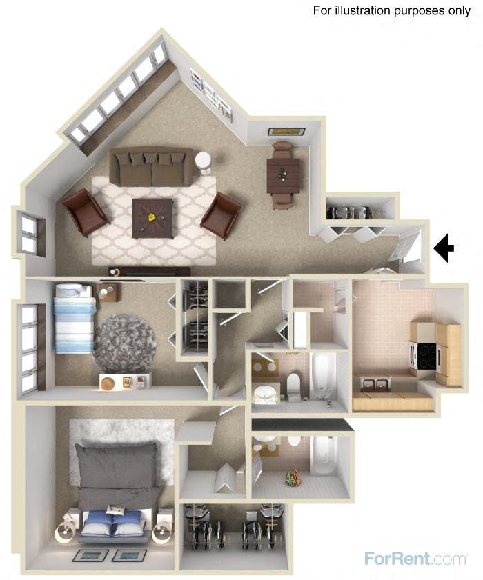 Floor plan for 2 beds, 2 baths, 1075 sqft