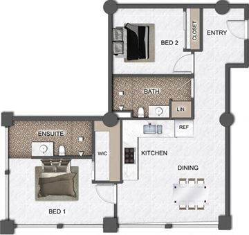 Des Moines apartment for rent - A floor plan of a small apartment with two bedrooms, a kitchen, a bathroom, and a dining area.