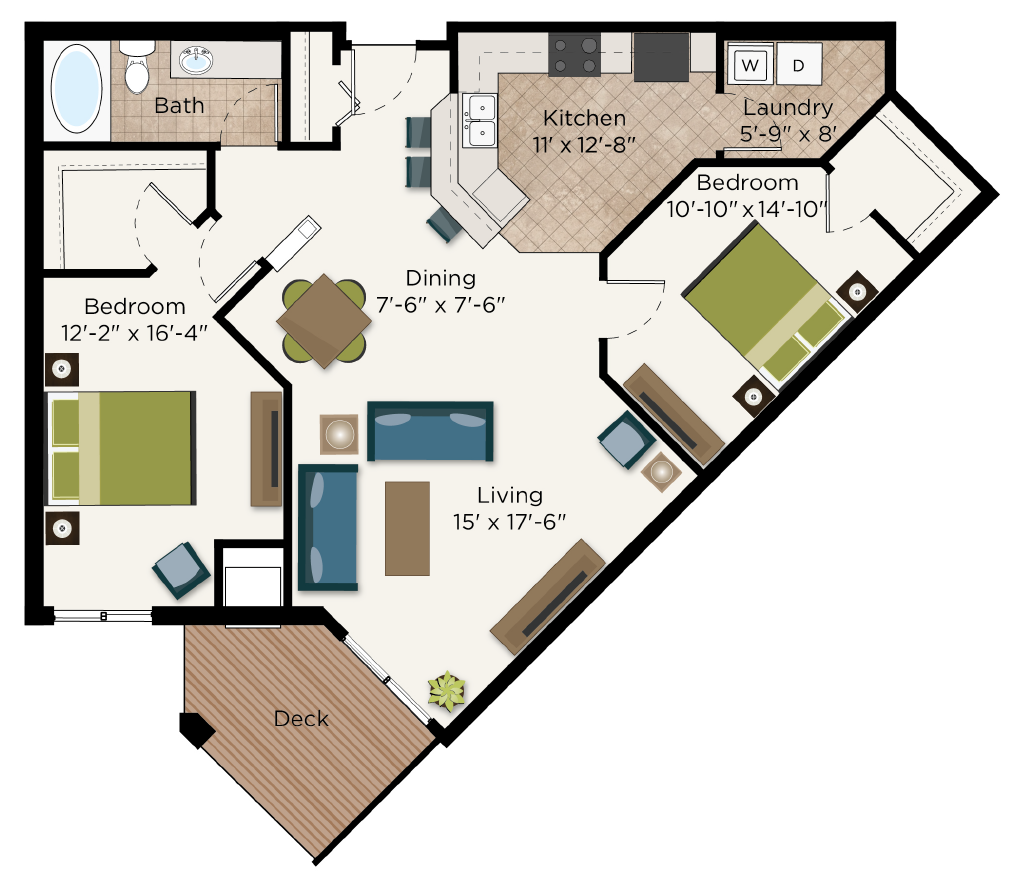 Floor plan for 2 beds, 1 bath, 1191 sqft