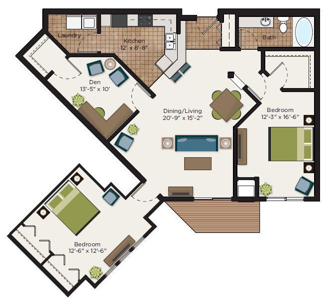 Floor plan for 2 beds, 1 bath, 1117 sqft