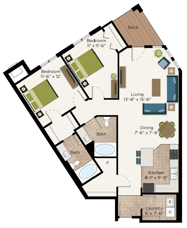 Floor plan for 2 beds, 2 baths, 1181 sqft