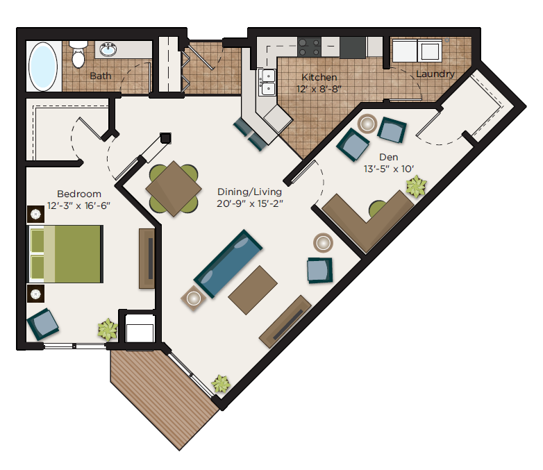 Floor plan for 1 bed, 1 bath, 1104 sqft