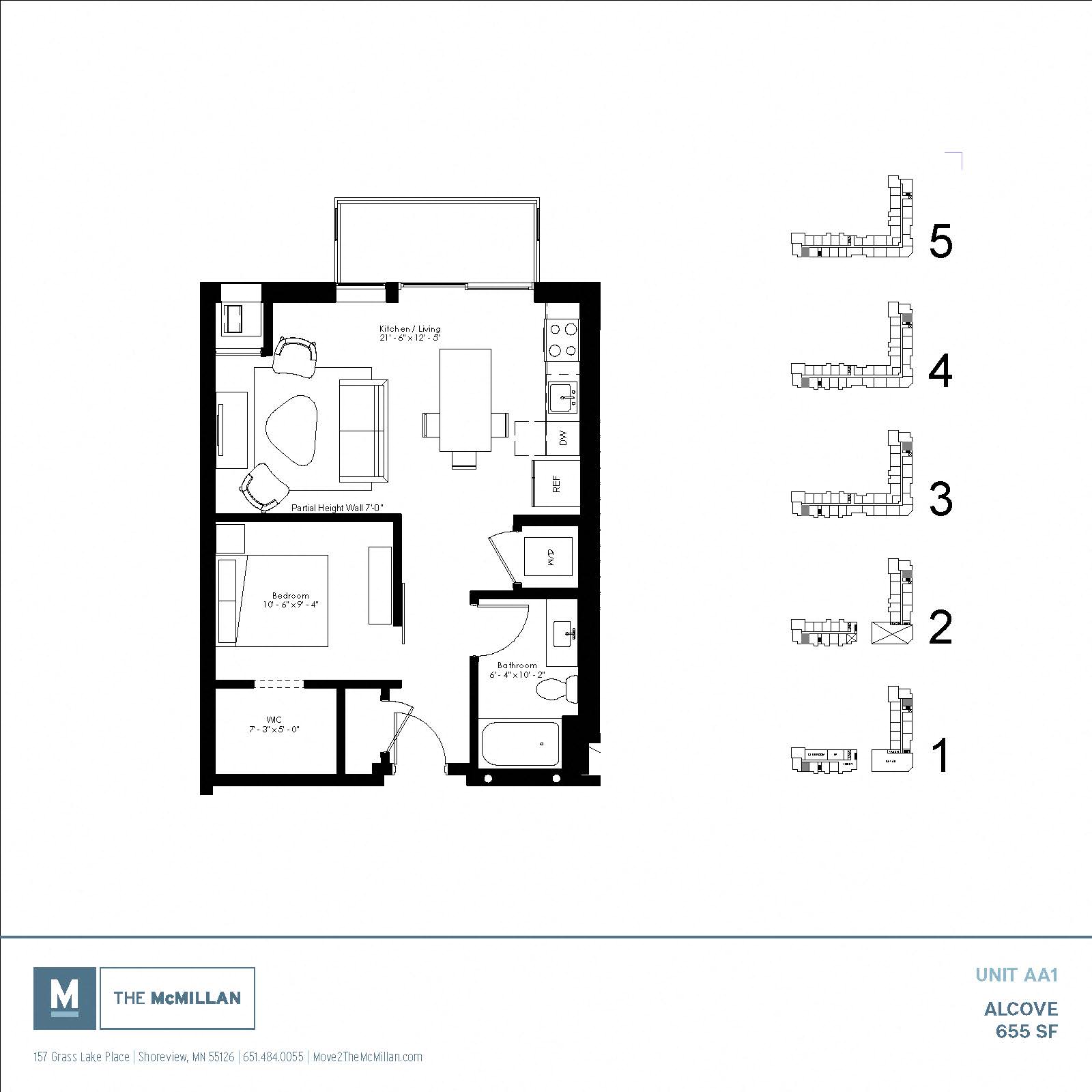 Floor plan for studio, 1 bath, 655 sqft