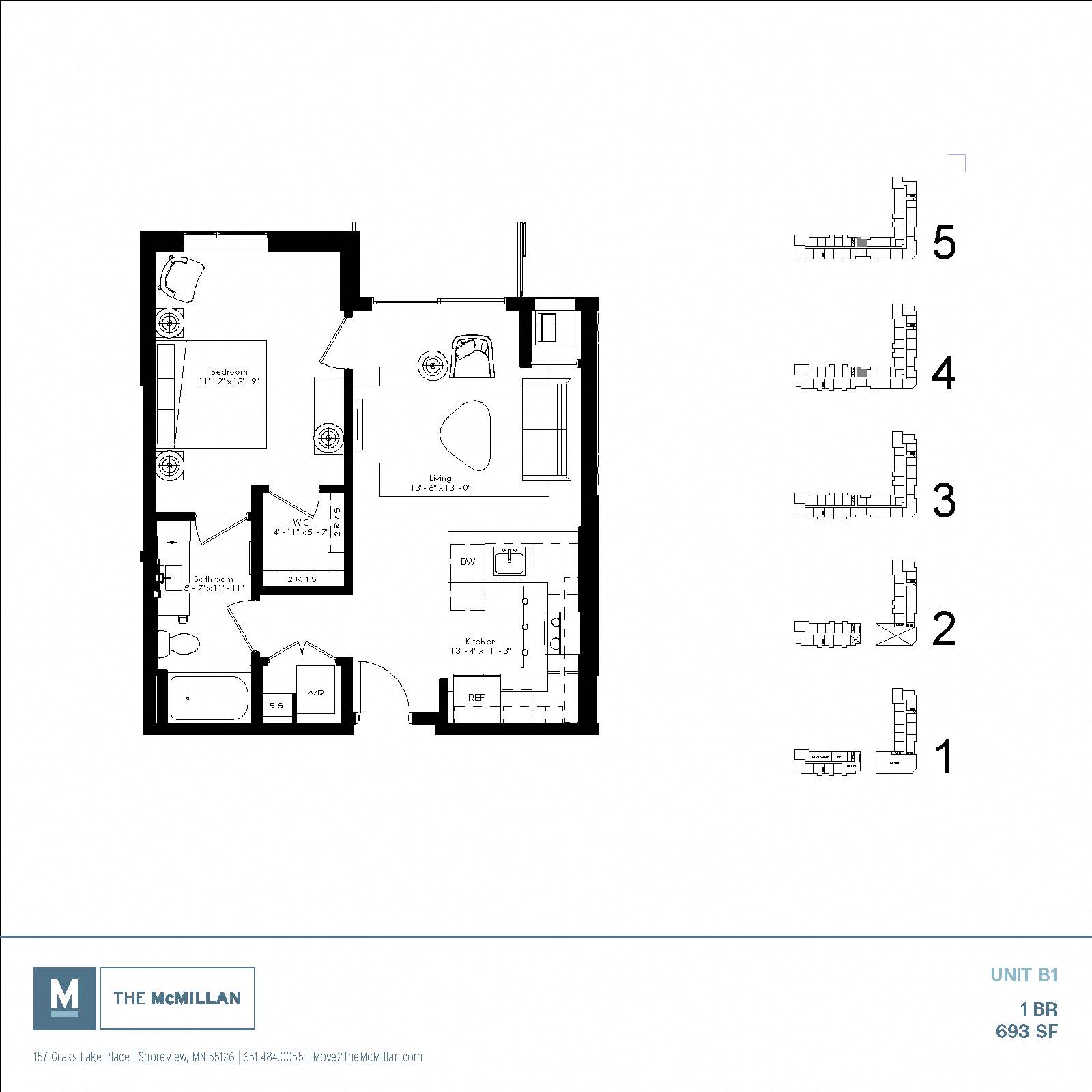 Floor plan for 1 bed, 1 bath, 693 sqft