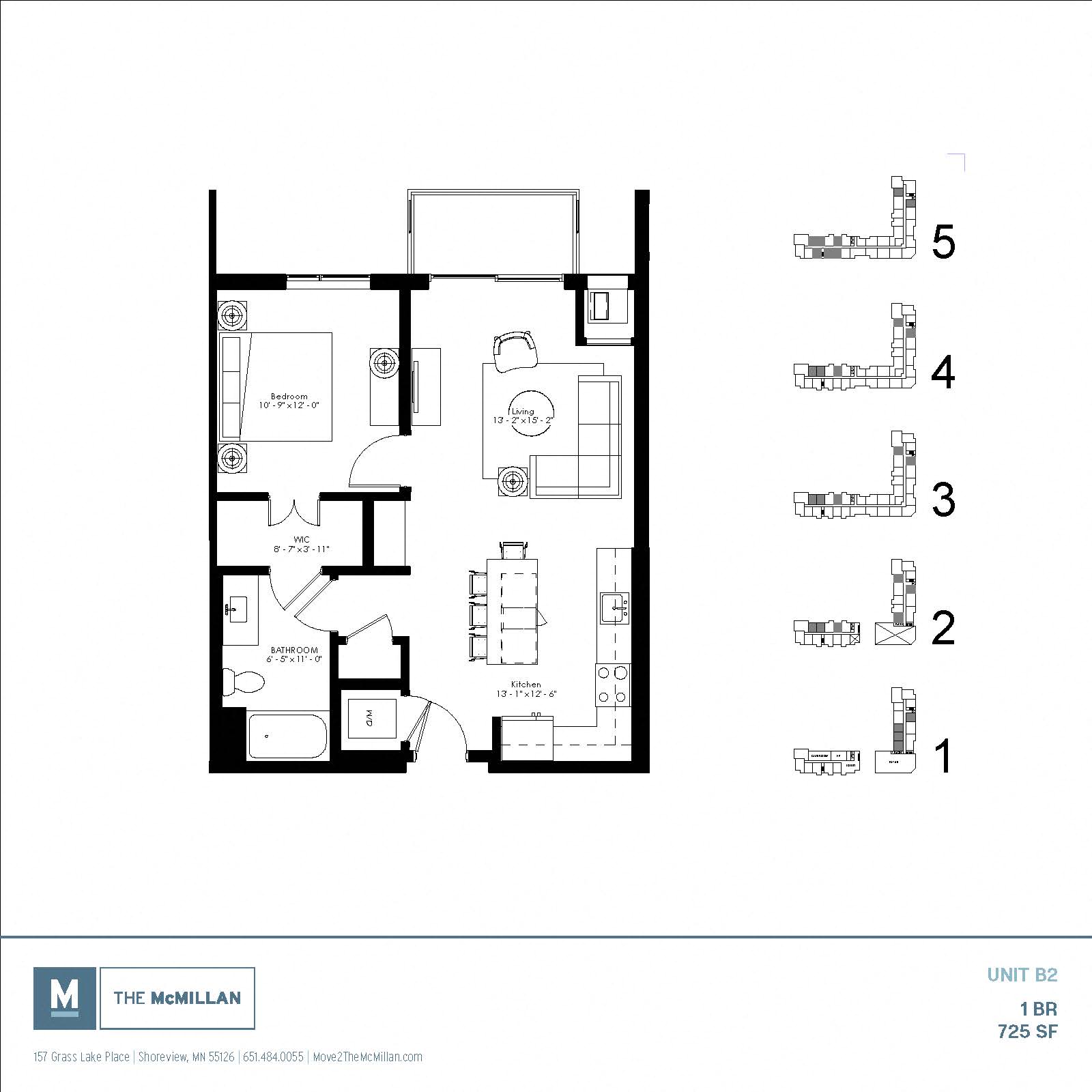 Floor plan for 1 bed, 1 bath, 725 sqft