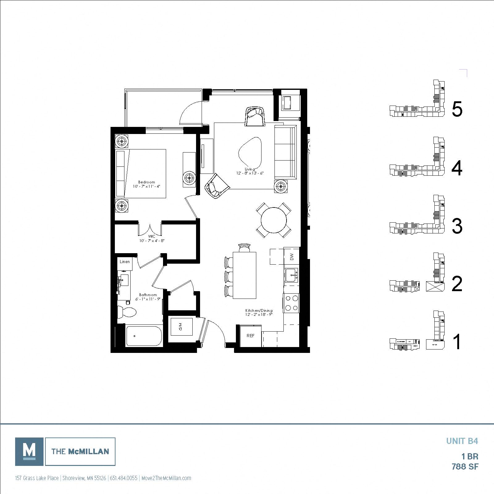 Floor plan for 1 bed, 1 bath, 788 sqft