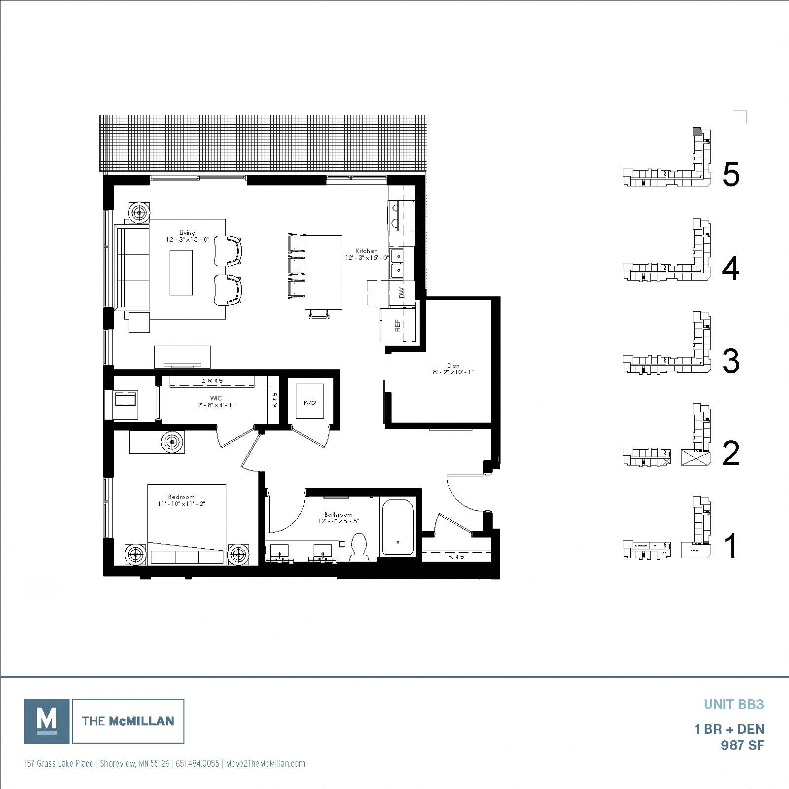Floor plan for 1 bed, 1 bath, 987 sqft