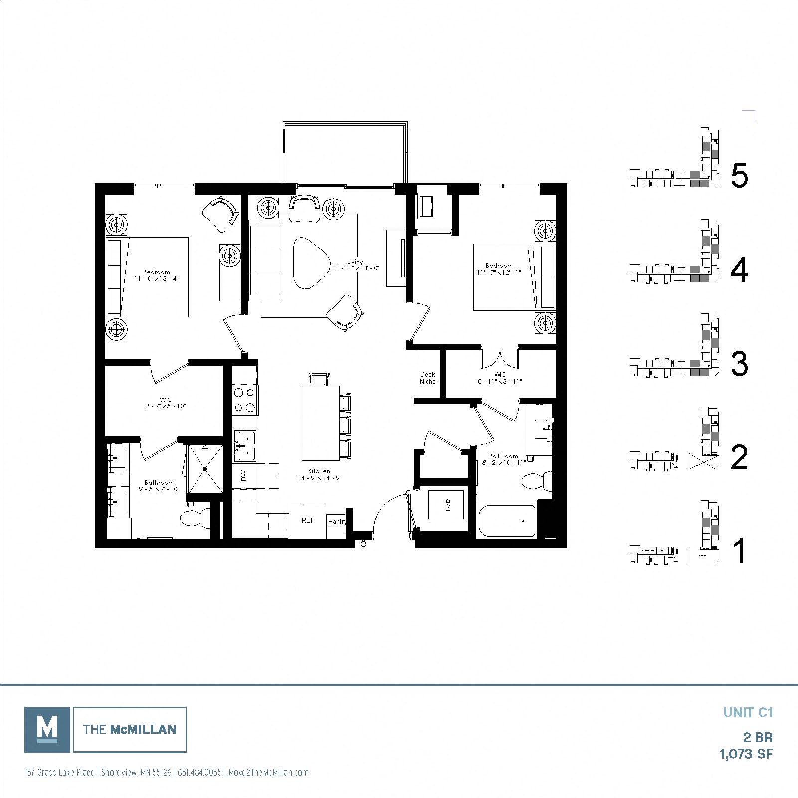 Floor plan for 2 beds, 2 baths, 1073 sqft