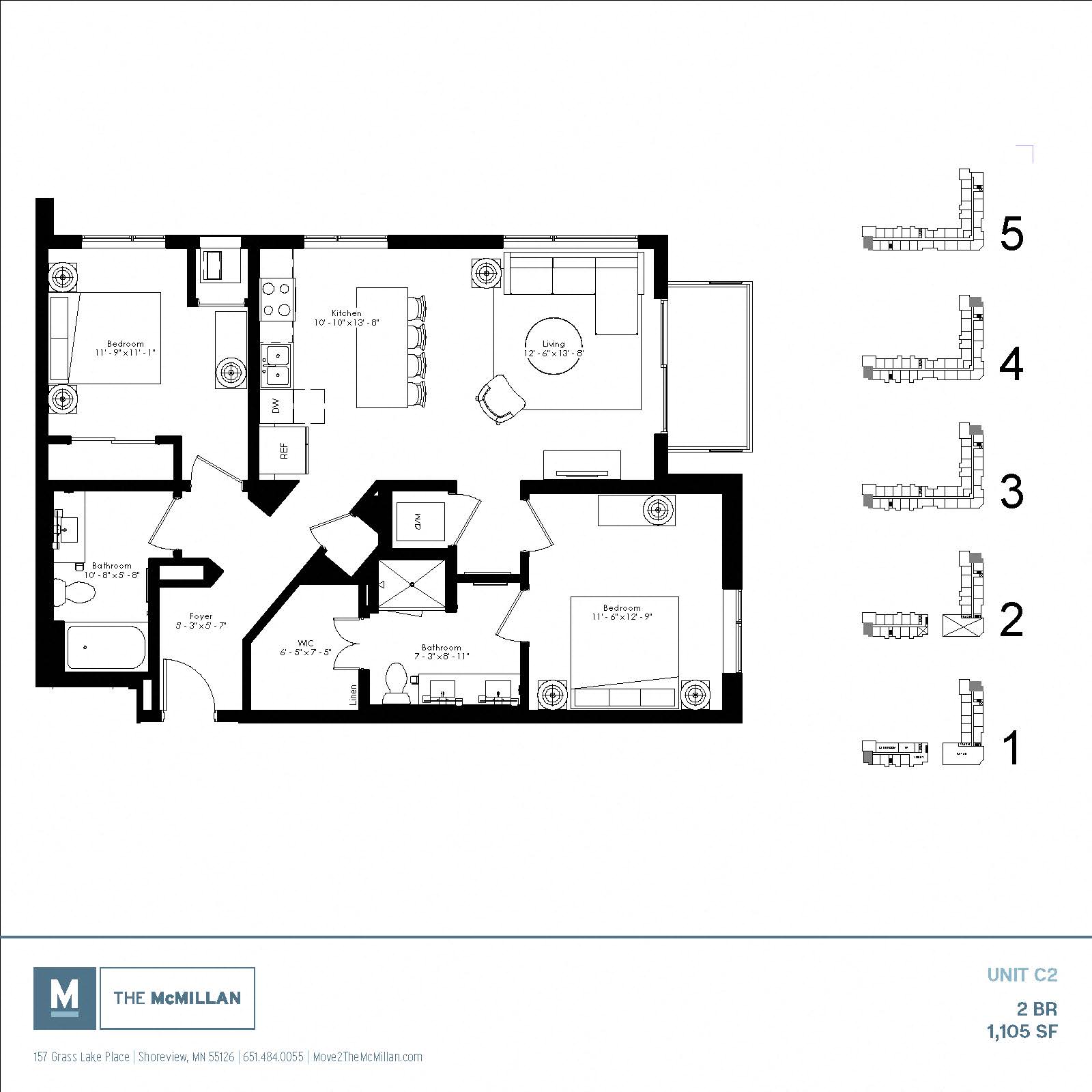 Floor plan for 2 beds, 2 baths, 1105 sqft
