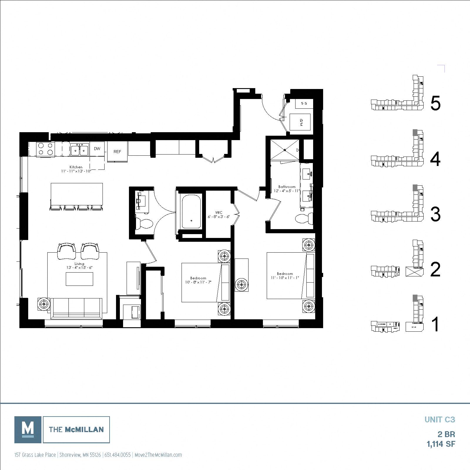 Floor plan for 2 beds, 2 baths, 1114 sqft