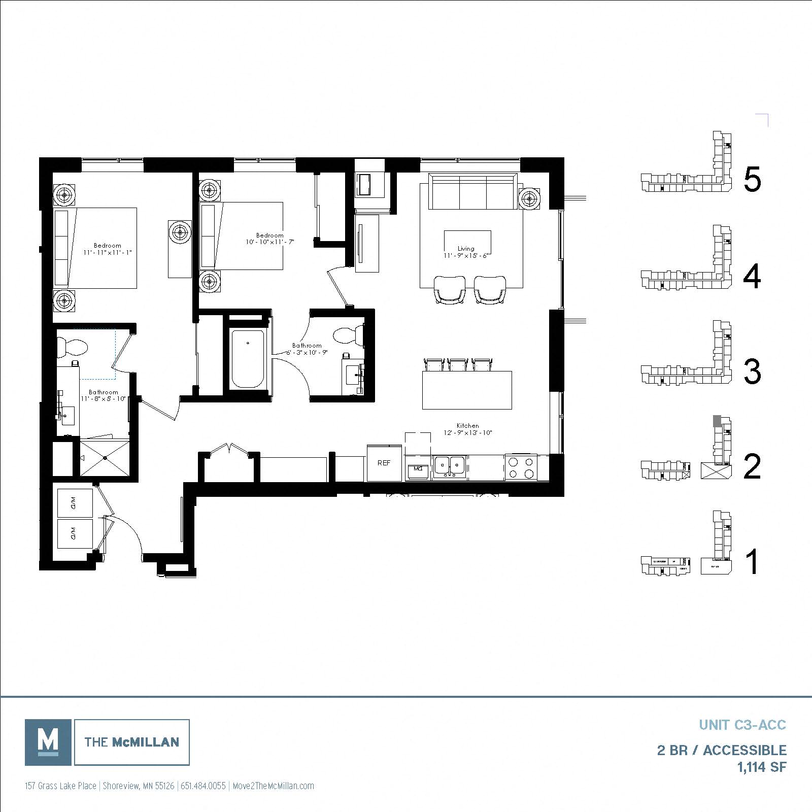 Floor plan for 2 beds, 2 baths, 1114 sqft
